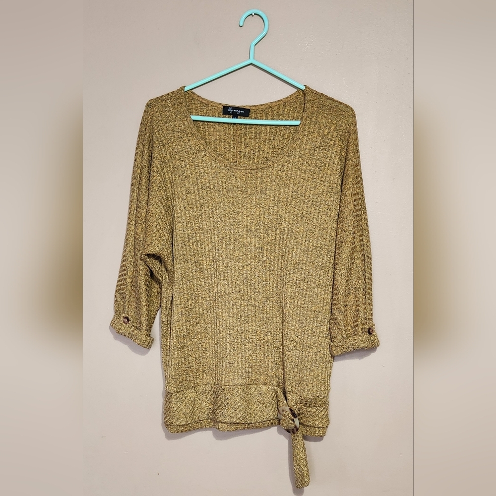 Lily Morgan Women Sweater Gold Brown 3/4 Button Sleeve Plastic Ring Clip Sz L